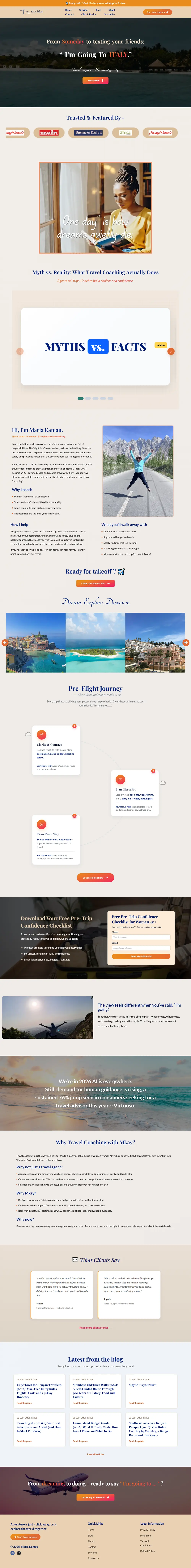 The rebuilt Travel with Mkay home page, top to bottom: one clear promise, proof, a free guide and one next step