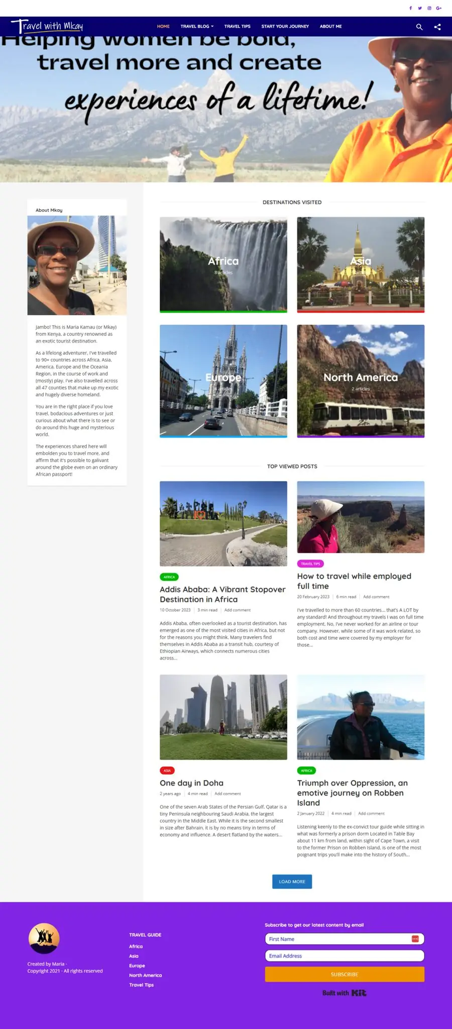 Maria's original home page, top to bottom: a dense, blog-first layout with no single next step