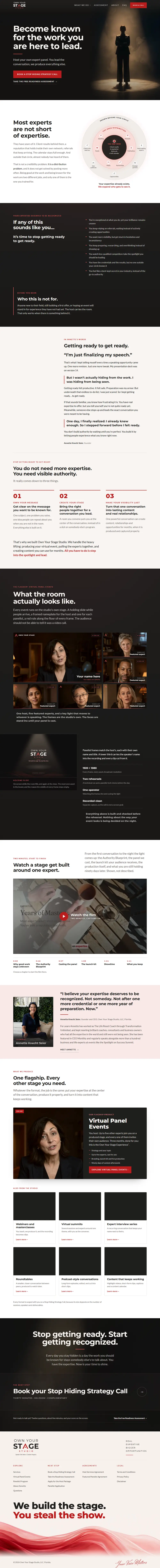 The rebuilt Own Your Stage Studio home page, top to bottom: a clear promise, the expert panel offer explained, proof and one strategy call to book