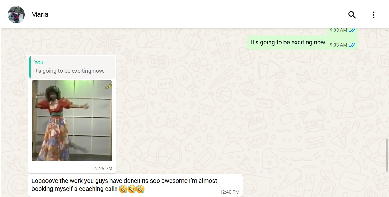 Another WhatsApp testimonial from a coaching client